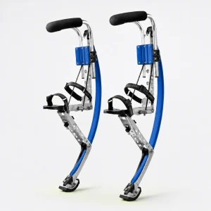Pair of adult blue and silver jumping stilts on a white background