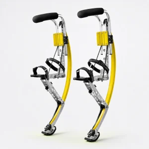 Pair of adult yellow and silver jumping stilts on a white background